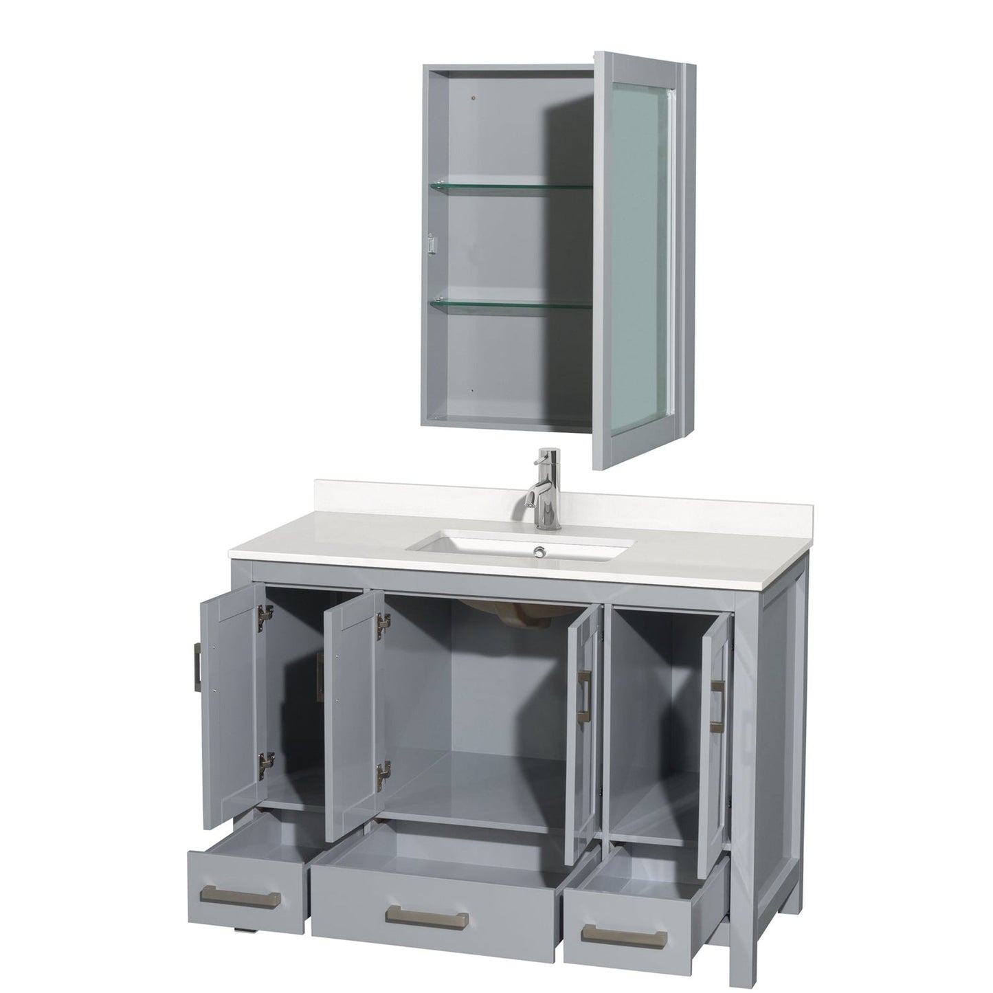 Wyndham Collection Sheffield 48" Single Bathroom Vanity in Gray, White Quartz Countertop, Undermount Square Sink, Medicine Cabinet