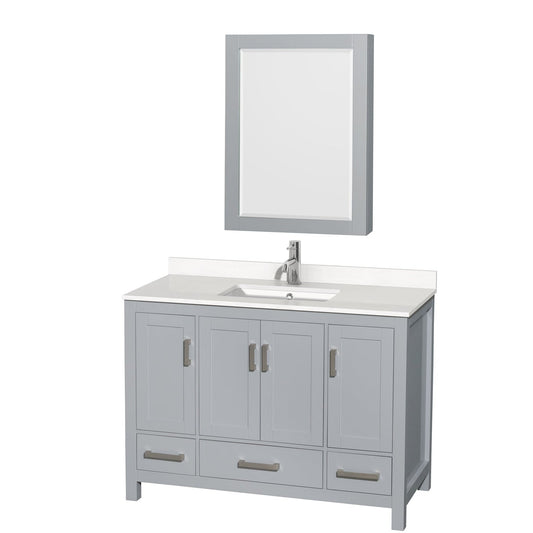 Wyndham Collection Sheffield 48" Single Bathroom Vanity in Gray, White Quartz Countertop, Undermount Square Sink, Medicine Cabinet