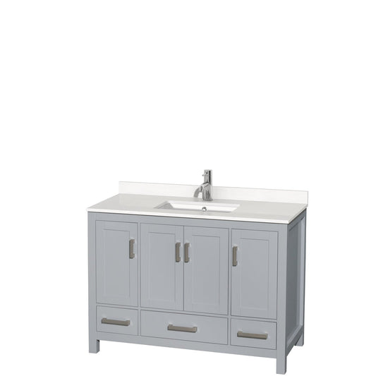 Wyndham Collection Sheffield 48" Single Bathroom Vanity in Gray, White Quartz Countertop, Undermount Square Sink, No Mirror
