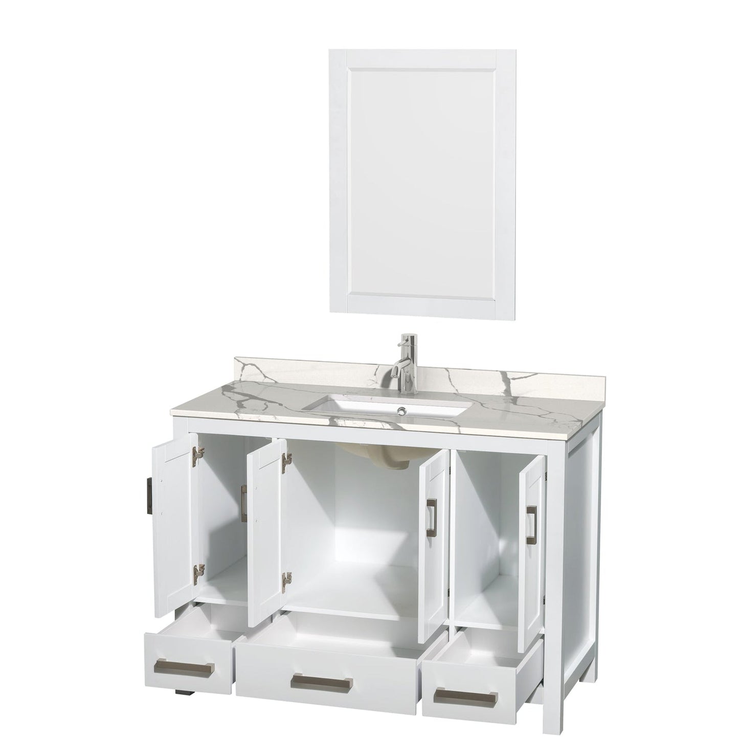 Wyndham Collection Sheffield 48" Single Bathroom Vanity in White, Calacatta Quartz Countertop, Undermount Square Sink, 24" Mirror