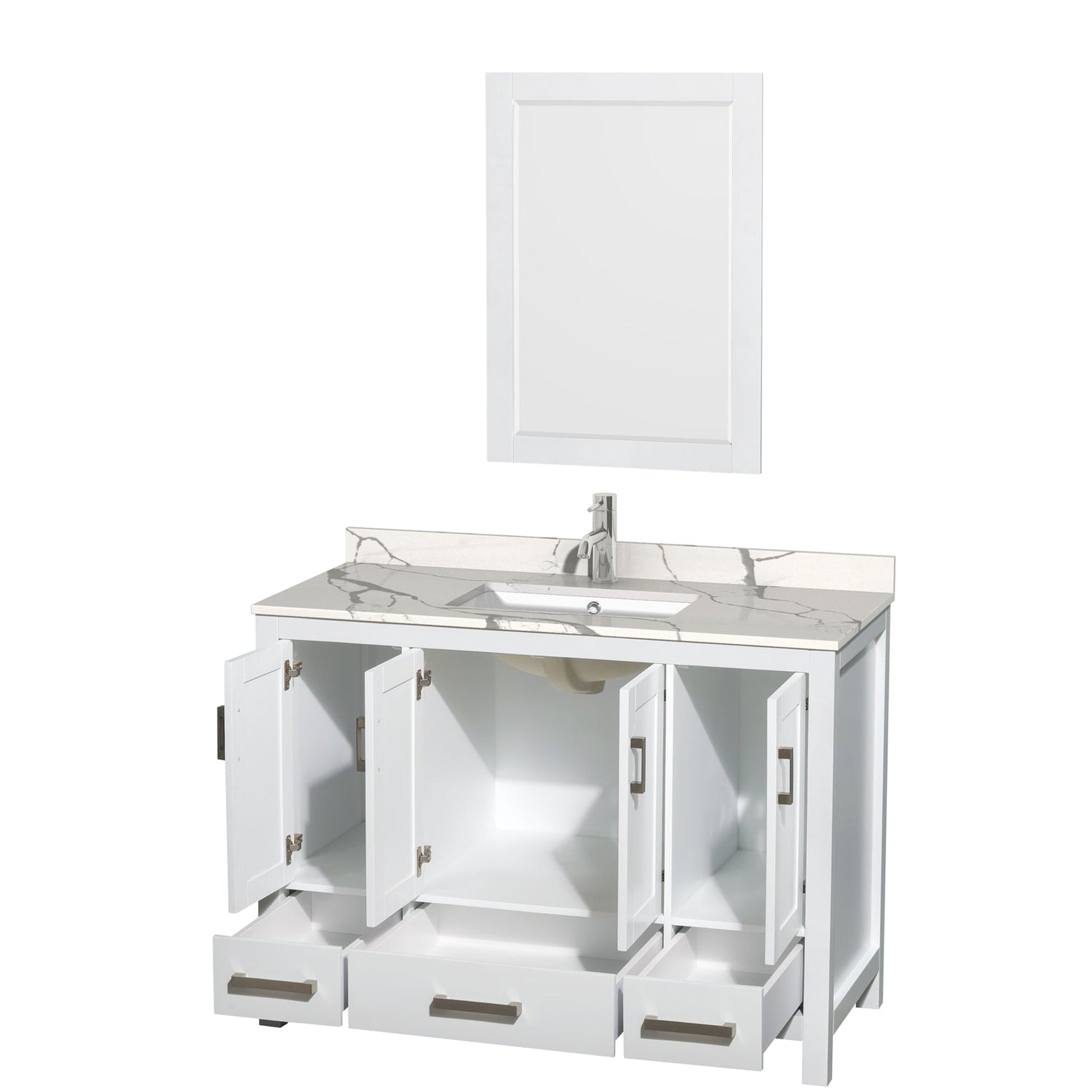 Wyndham Collection Sheffield 48" Single Bathroom Vanity in White, Calacatta Quartz Countertop, Undermount Square Sink, 24" Mirror
