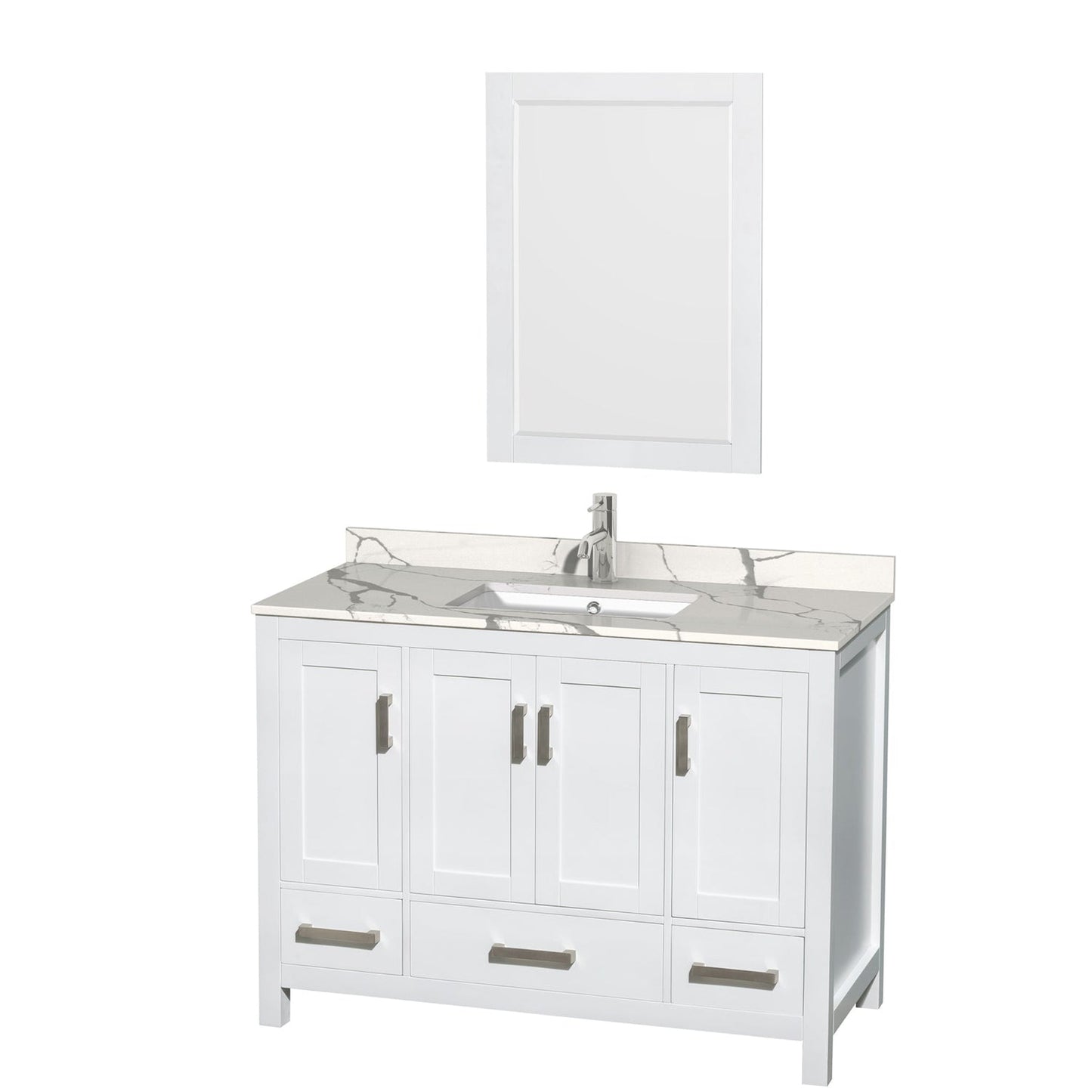 Wyndham Collection Sheffield 48" Single Bathroom Vanity in White, Calacatta Quartz Countertop, Undermount Square Sink, 24" Mirror