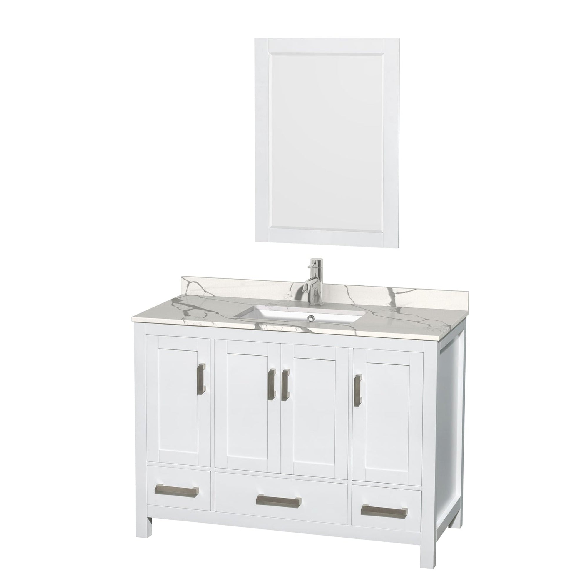 Wyndham Collection Sheffield 48" Single Bathroom Vanity in White, Calacatta Quartz Countertop, Undermount Square Sink, 24" Mirror