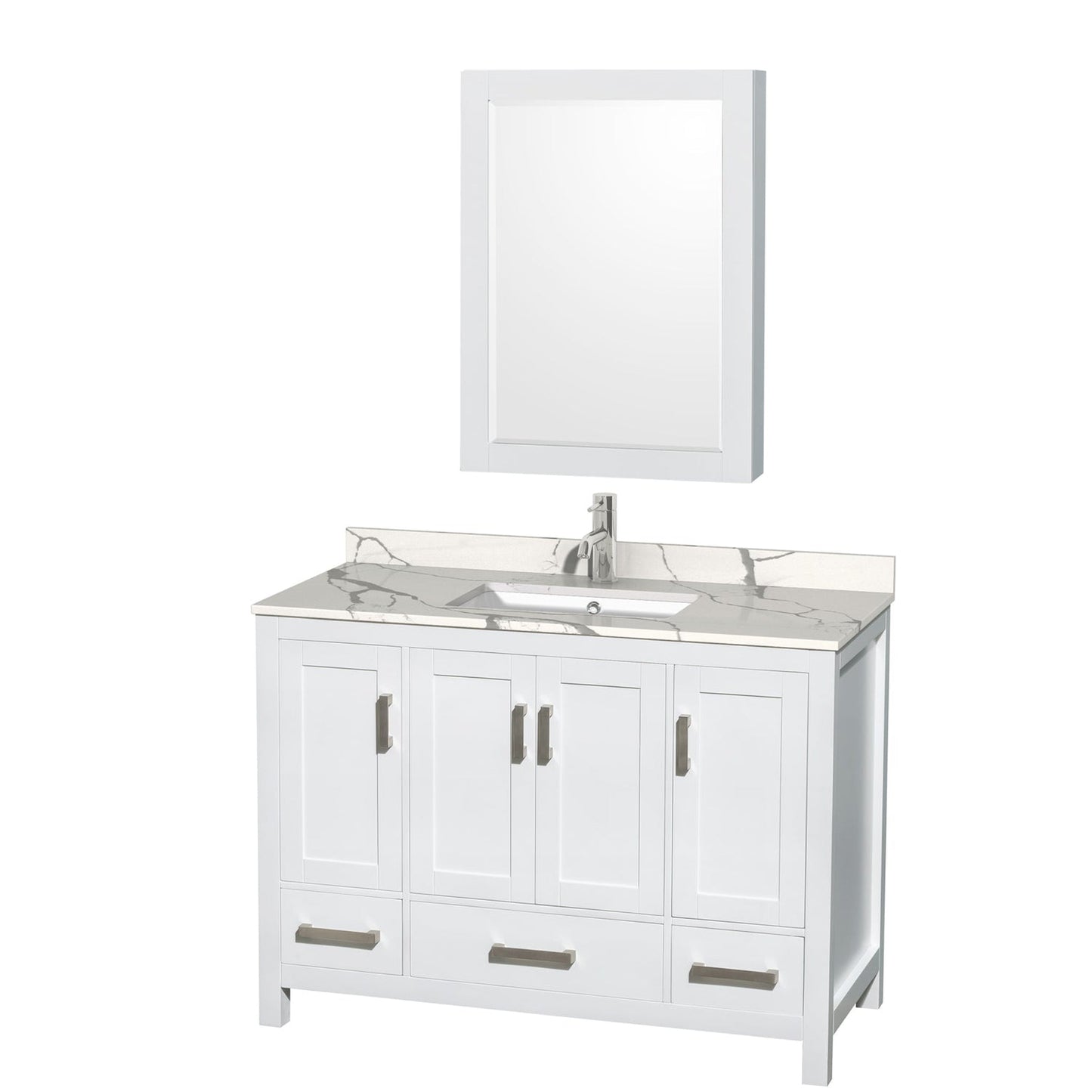 Wyndham Collection Sheffield 48" Single Bathroom Vanity in White, Calacatta Quartz Countertop, Undermount Square Sink, Medicine Cabinet