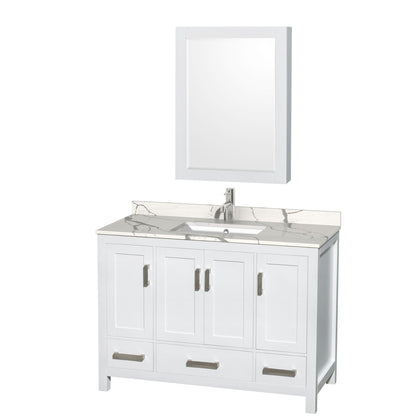 Wyndham Collection Sheffield 48" Single Bathroom Vanity in White, Calacatta Quartz Countertop, Undermount Square Sink, Medicine Cabinet