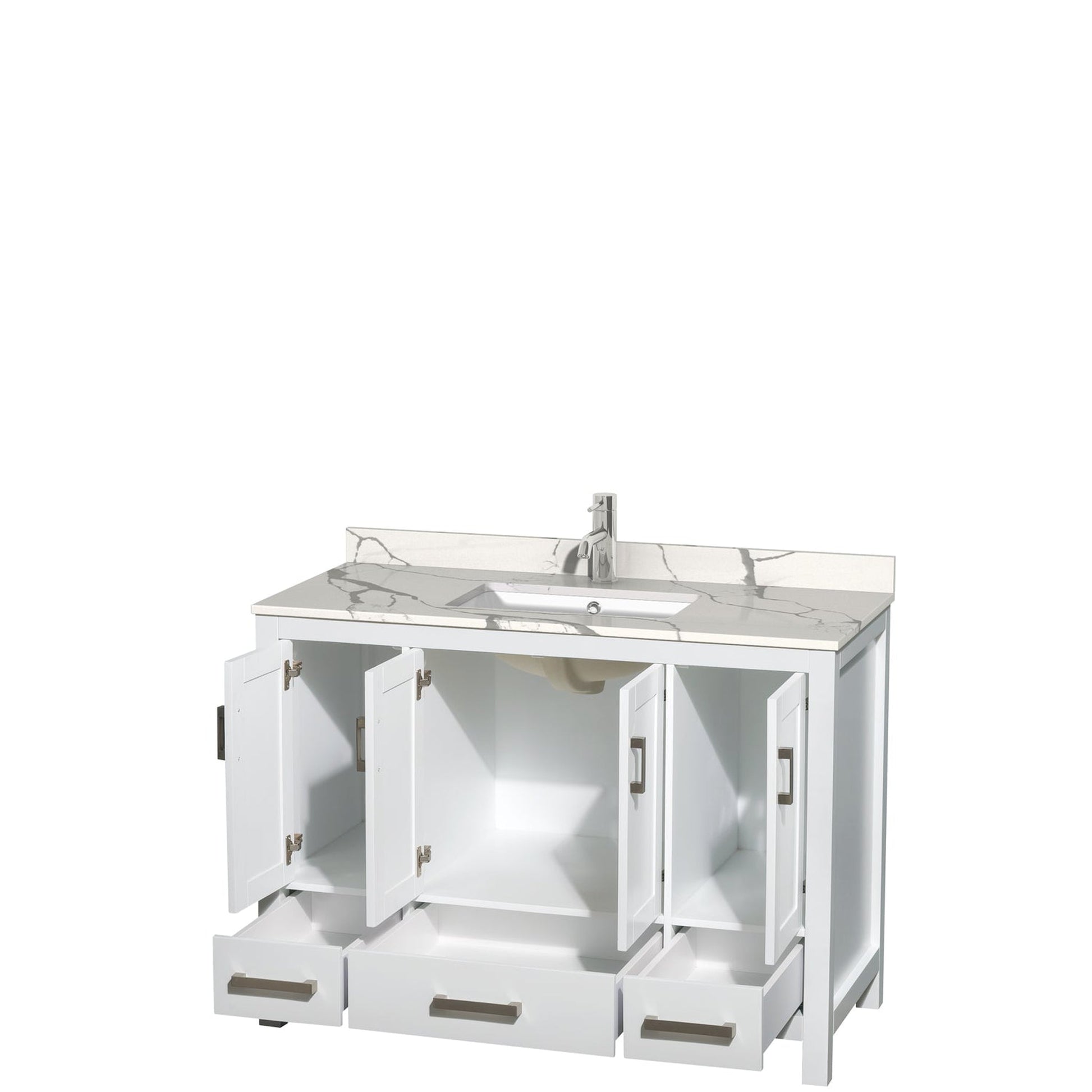 Wyndham Collection Sheffield 48" Single Bathroom Vanity in White, Calacatta Quartz Countertop, Undermount Square Sink, No Mirror