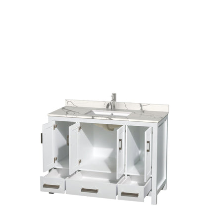 Wyndham Collection Sheffield 48" Single Bathroom Vanity in White, Calacatta Quartz Countertop, Undermount Square Sink, No Mirror