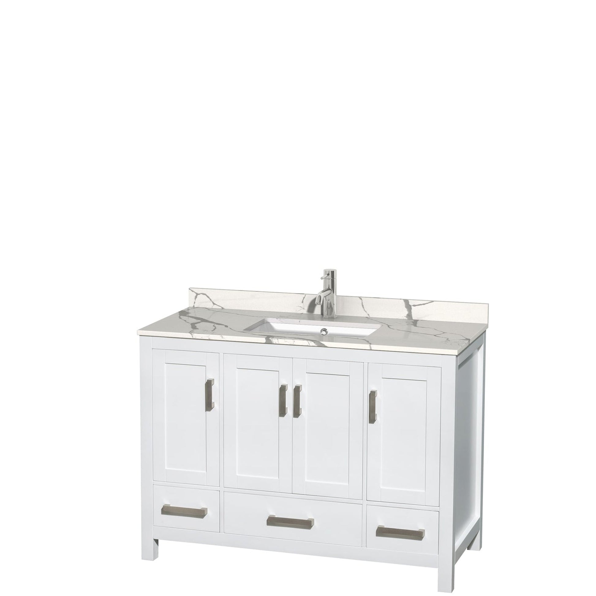 Wyndham Collection Sheffield 48" Single Bathroom Vanity in White, Calacatta Quartz Countertop, Undermount Square Sink, No Mirror