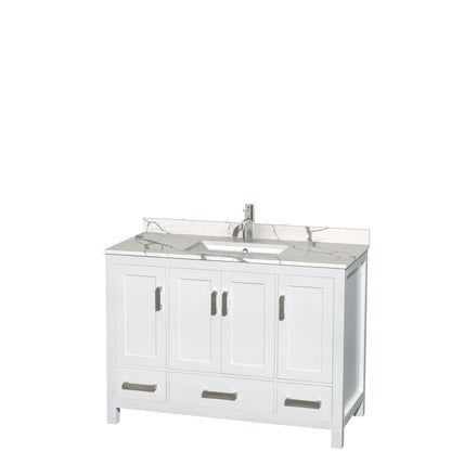 Wyndham Collection Sheffield 48" Single Bathroom Vanity in White, Calacatta Quartz Countertop, Undermount Square Sink, No Mirror