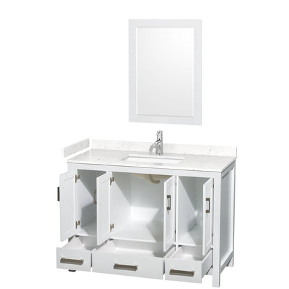 Wyndham Collection Sheffield 48" Single Bathroom Vanity in White, Carrara Cultured Marble Countertop, Undermount Square Sink, 24" Mirror