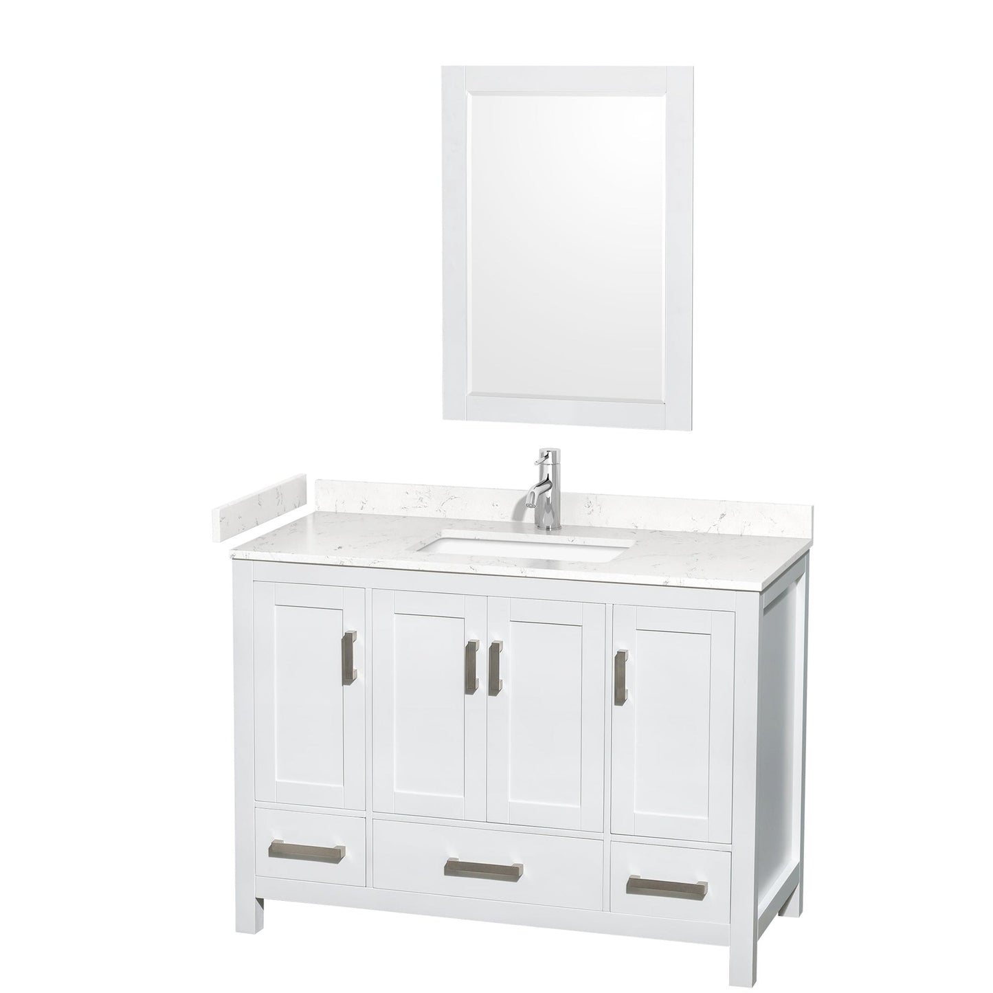 Wyndham Collection Sheffield 48" Single Bathroom Vanity in White, Carrara Cultured Marble Countertop, Undermount Square Sink, 24" Mirror