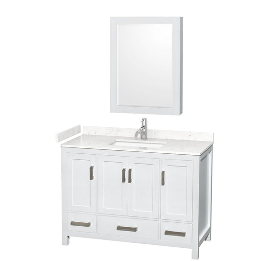 Wyndham Collection Sheffield 48" Single Bathroom Vanity in White, Carrara Cultured Marble Countertop, Undermount Square Sink, Medicine Cabinet