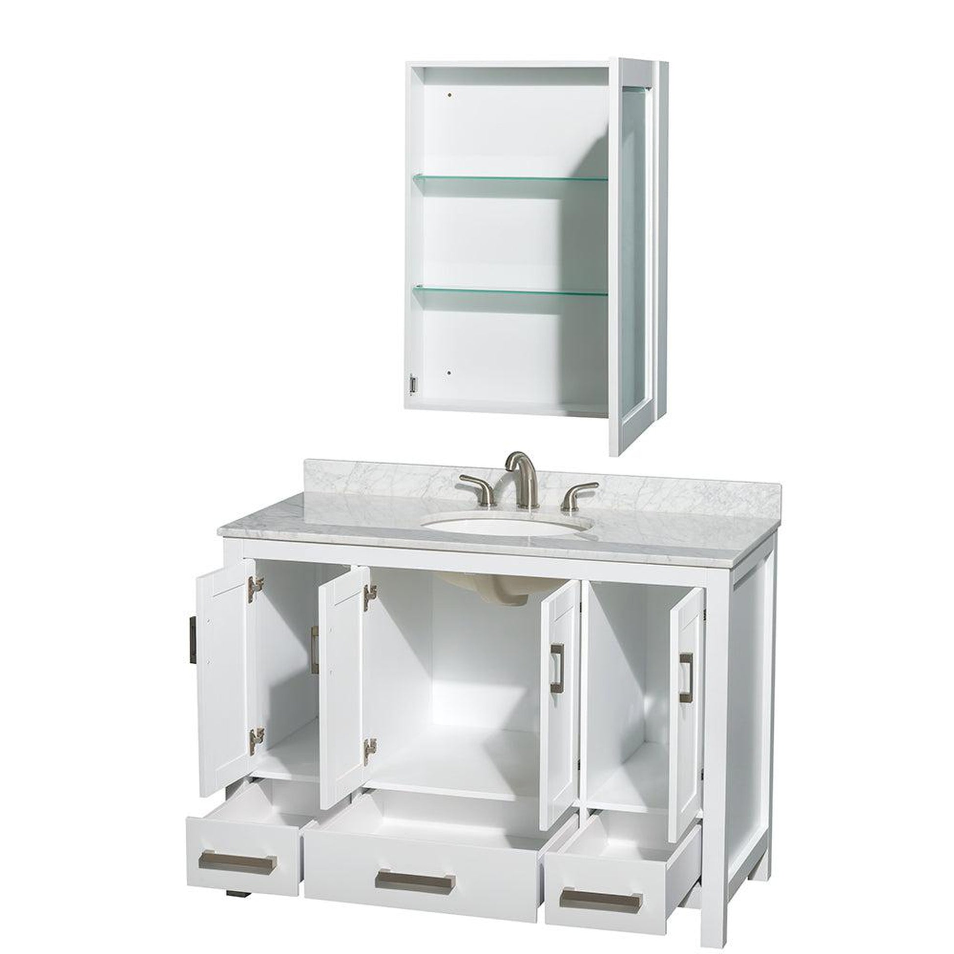 Wyndham Collection Sheffield 48" Single Bathroom Vanity in White, White Carrara Marble Countertop, Undermount Oval Sink, and Medicine Cabinet