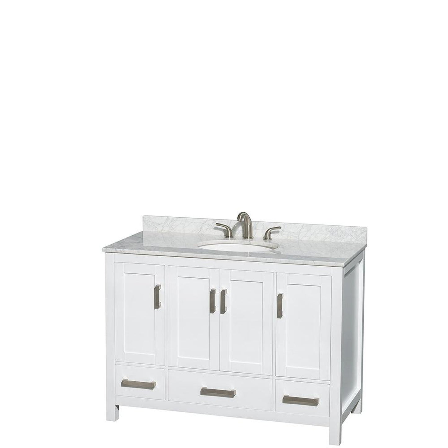 Wyndham Collection Sheffield 48" Single Bathroom Vanity in White, White Carrara Marble Countertop, Undermount Oval Sink, and Medicine Cabinet