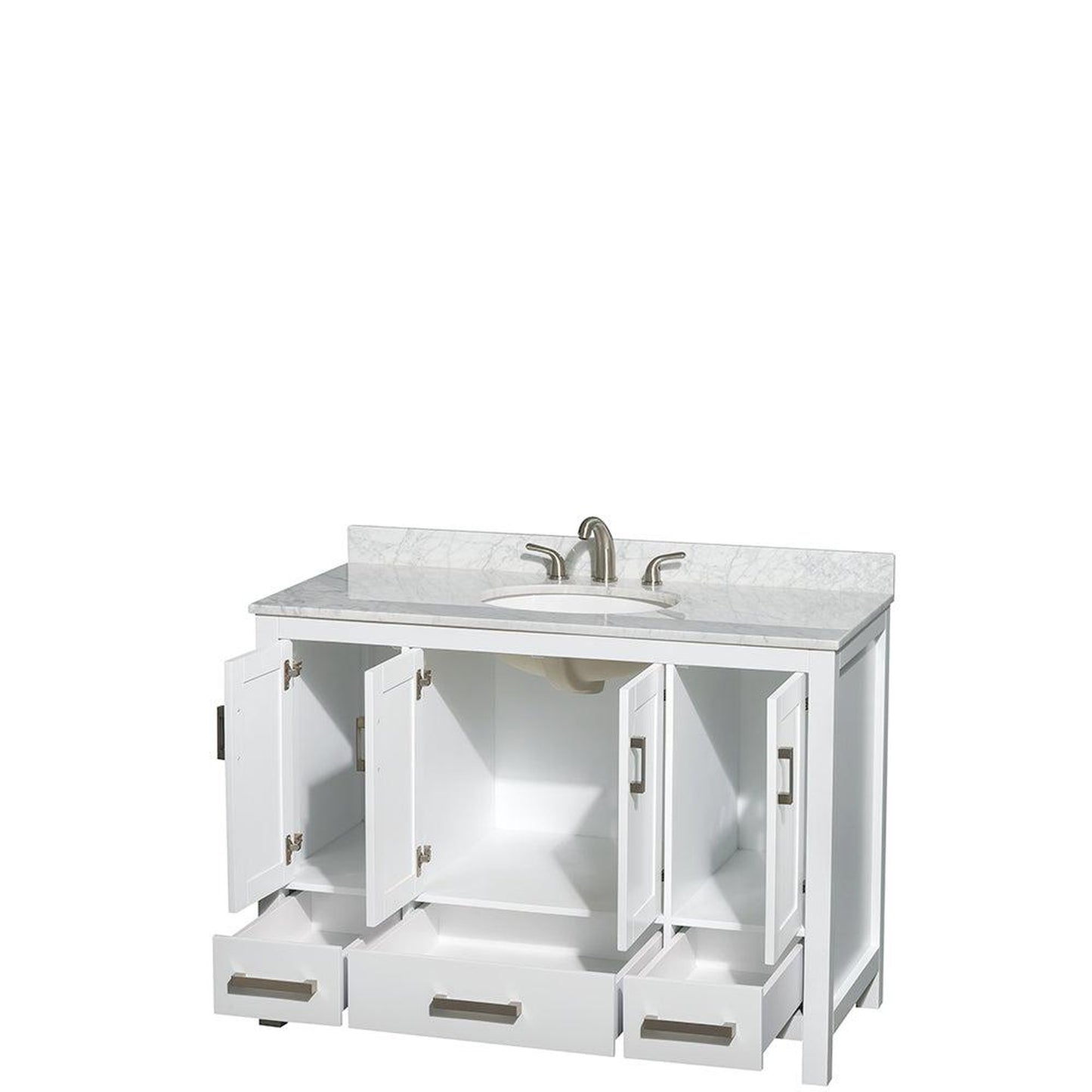 Wyndham Collection Sheffield 48" Single Bathroom Vanity in White, White Carrara Marble Countertop, Undermount Oval Sink, and No Mirror