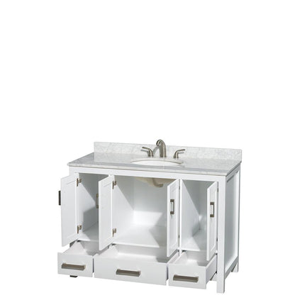 Wyndham Collection Sheffield 48" Single Bathroom Vanity in White, White Carrara Marble Countertop, Undermount Oval Sink, and No Mirror