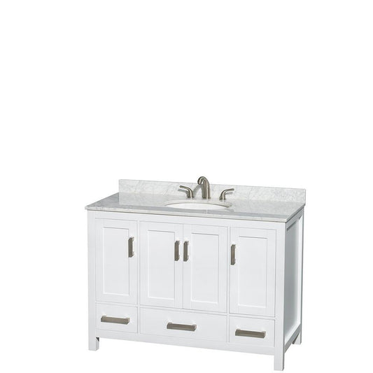 Wyndham Collection Sheffield 48" Single Bathroom Vanity in White, White Carrara Marble Countertop, Undermount Oval Sink, and No Mirror