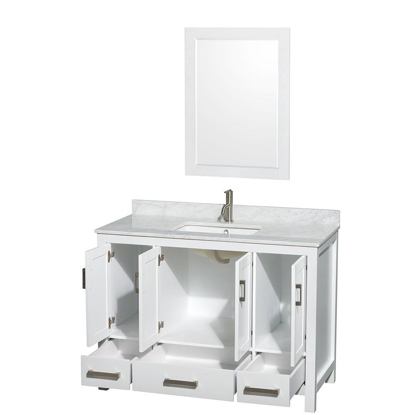Wyndham Collection Sheffield 48" Single Bathroom Vanity in White, White Carrara Marble Countertop, Undermount Square Sink, and 24" Mirror