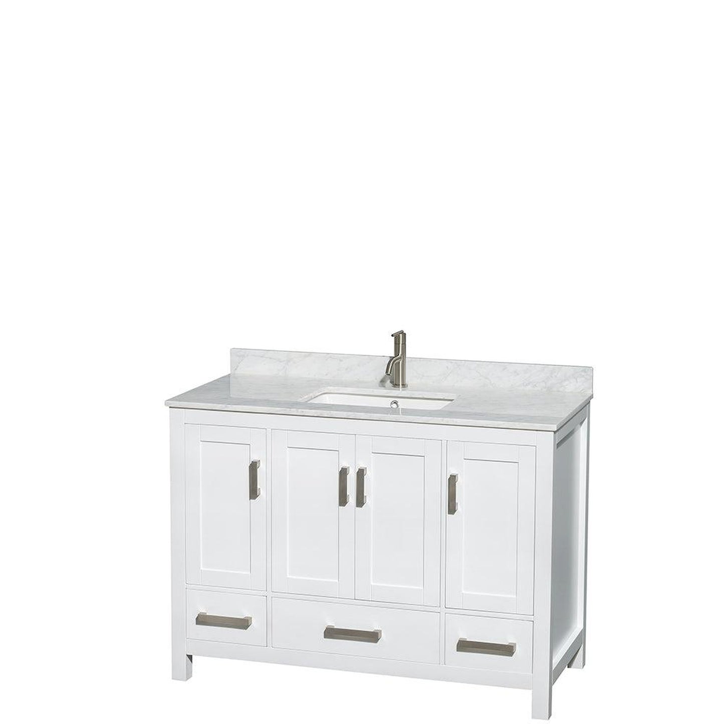 Wyndham Collection Sheffield 48" Single Bathroom Vanity in White, White Carrara Marble Countertop, Undermount Square Sink, and 24" Mirror