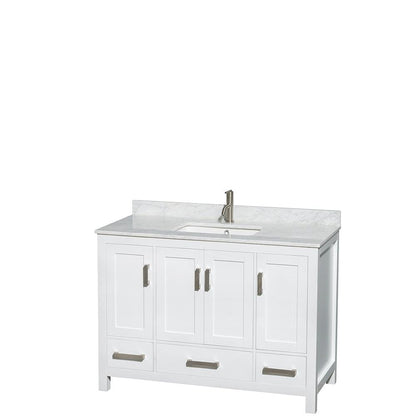 Wyndham Collection Sheffield 48" Single Bathroom Vanity in White, White Carrara Marble Countertop, Undermount Square Sink, and 24" Mirror