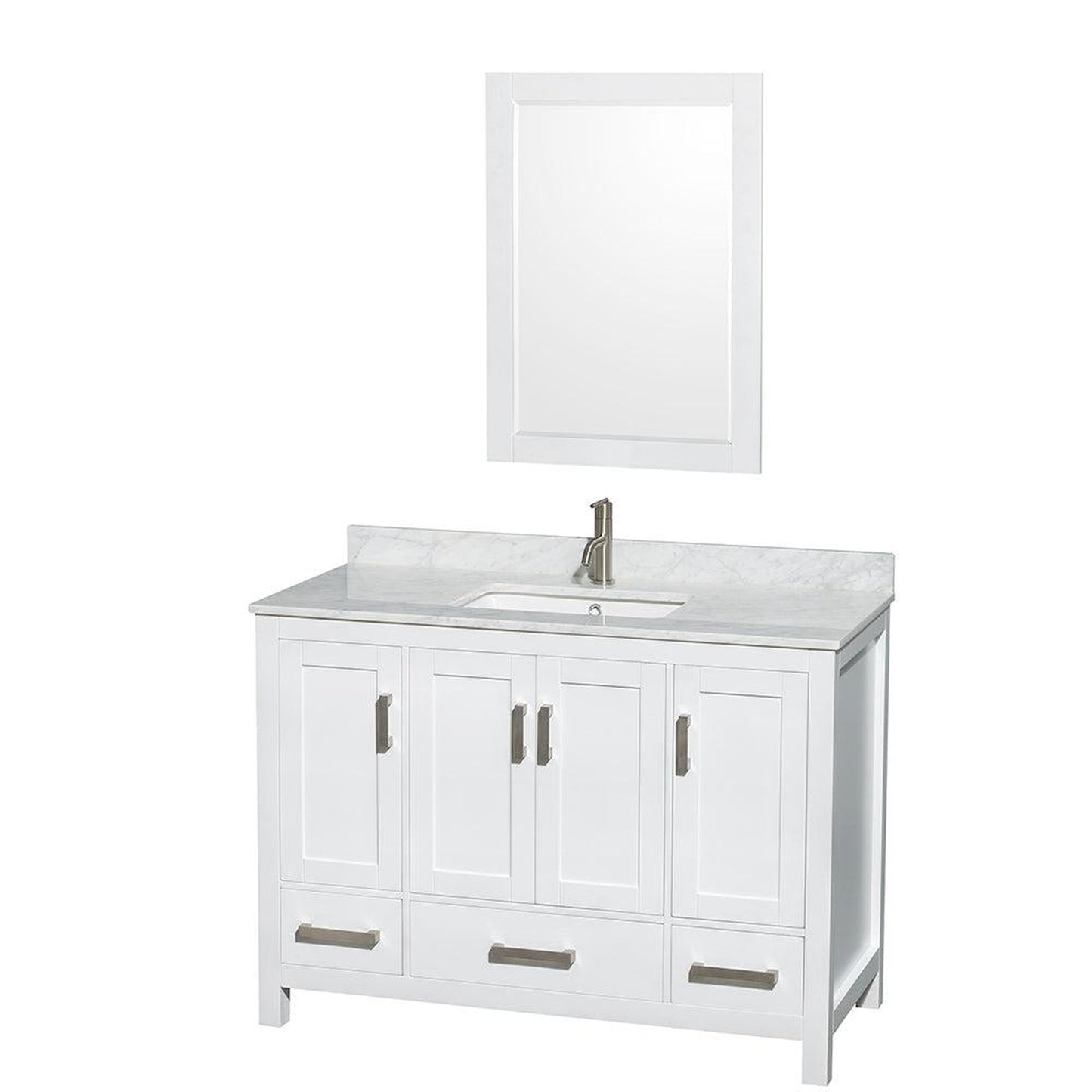 Wyndham Collection Sheffield 48" Single Bathroom Vanity in White, White Carrara Marble Countertop, Undermount Square Sink, and 24" Mirror