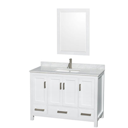 Wyndham Collection Sheffield 48" Single Bathroom Vanity in White, White Carrara Marble Countertop, Undermount Square Sink, and 24" Mirror