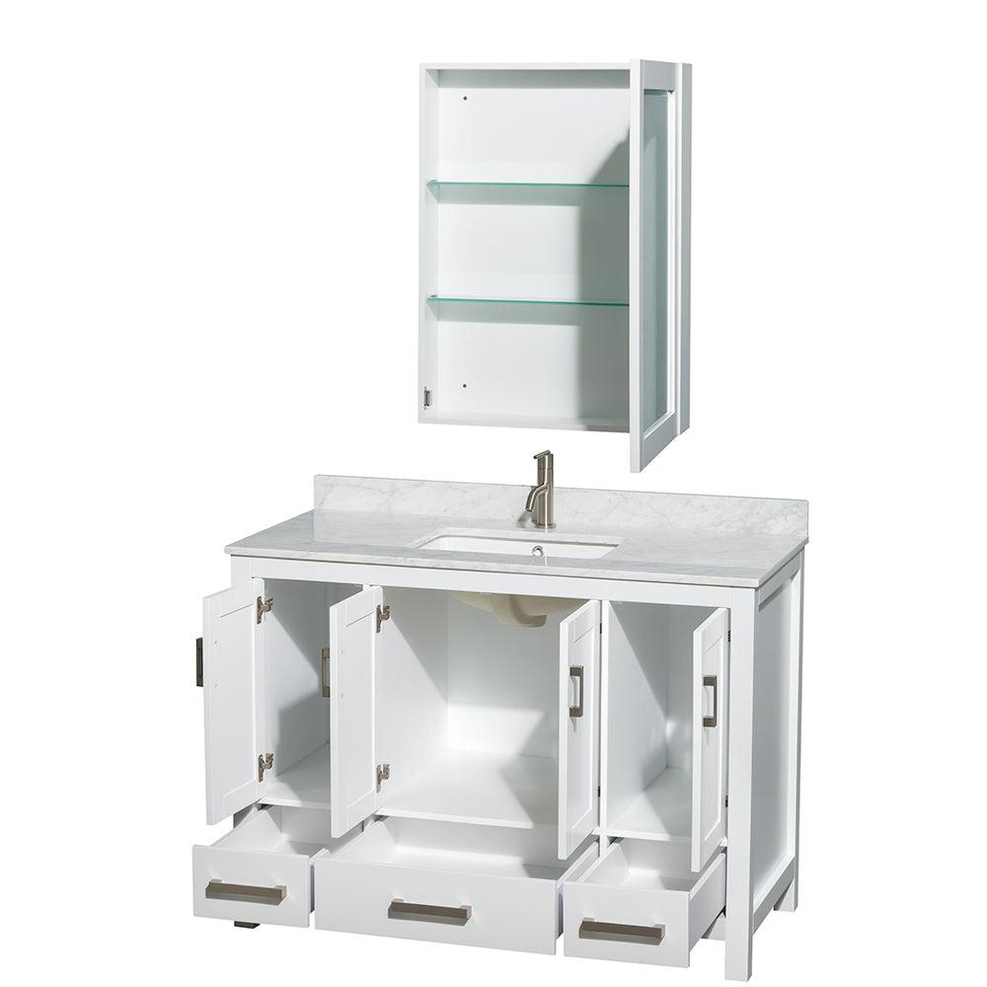 Wyndham Collection Sheffield 48" Single Bathroom Vanity in White, White Carrara Marble Countertop, Undermount Square Sink, and Medicine Cabinet