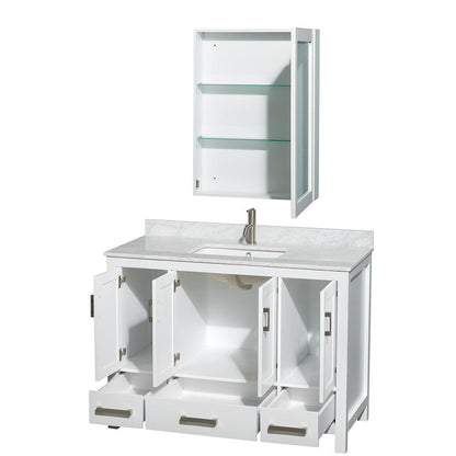Wyndham Collection Sheffield 48" Single Bathroom Vanity in White, White Carrara Marble Countertop, Undermount Square Sink, and Medicine Cabinet