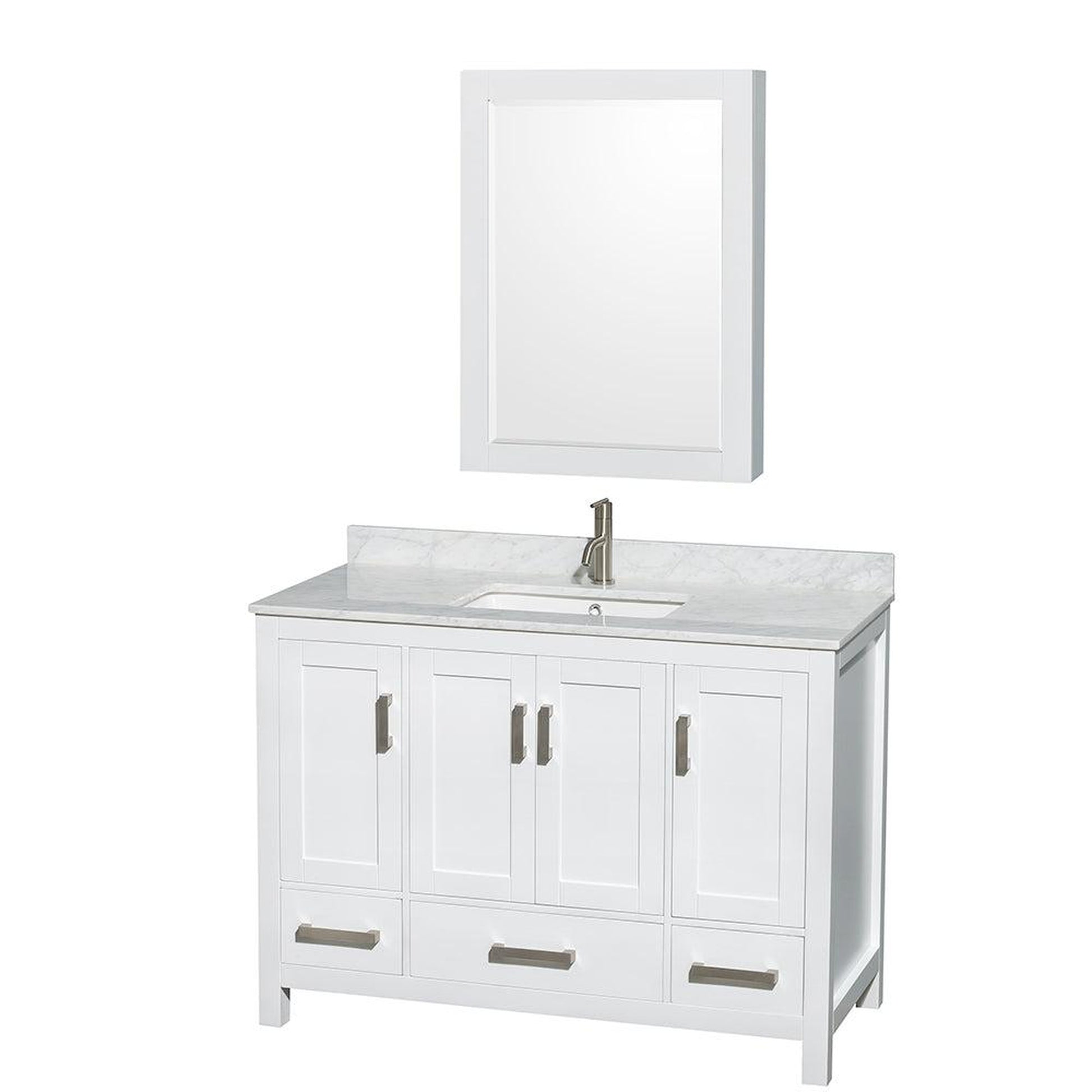 Wyndham Collection Sheffield 48" Single Bathroom Vanity in White, White Carrara Marble Countertop, Undermount Square Sink, and Medicine Cabinet