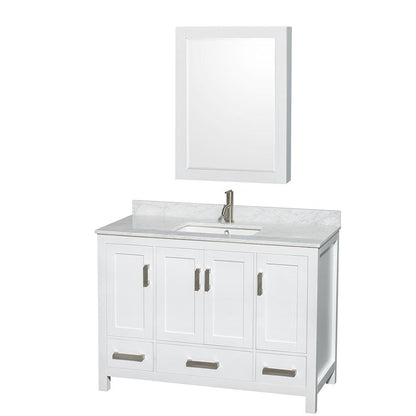 Wyndham Collection Sheffield 48" Single Bathroom Vanity in White, White Carrara Marble Countertop, Undermount Square Sink, and Medicine Cabinet