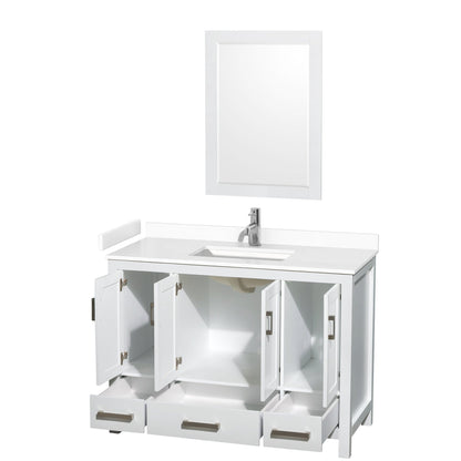 Wyndham Collection Sheffield 48" Single Bathroom Vanity in White, White Cultured Marble Countertop, Undermount Square Sink, 24" Mirror