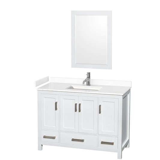 Wyndham Collection Sheffield 48" Single Bathroom Vanity in White, White Cultured Marble Countertop, Undermount Square Sink, 24" Mirror