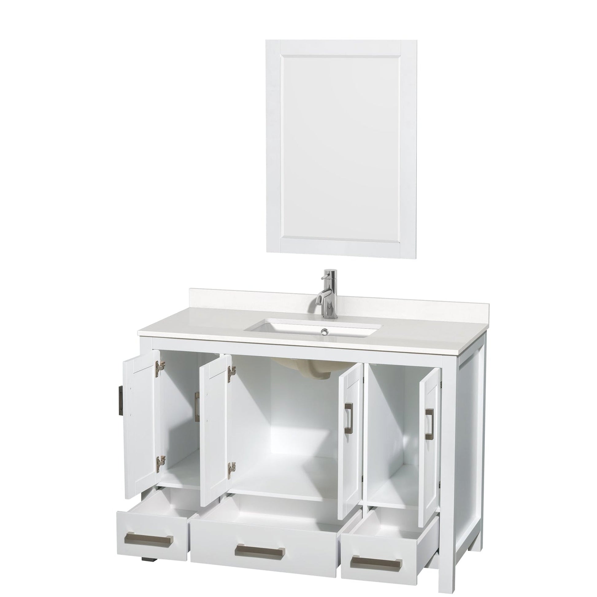 Wyndham Collection Sheffield 48" Single Bathroom Vanity in White, White Quartz Countertop, Undermount Square Sink, 24" Mirror