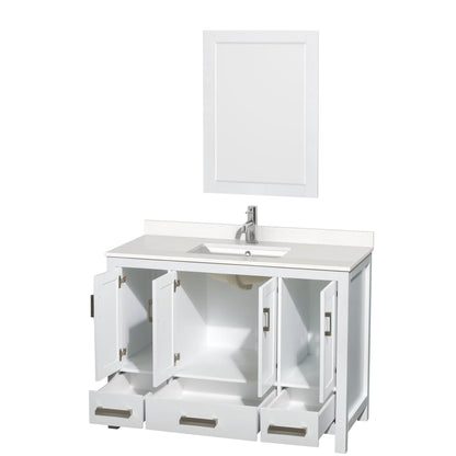 Wyndham Collection Sheffield 48" Single Bathroom Vanity in White, White Quartz Countertop, Undermount Square Sink, 24" Mirror