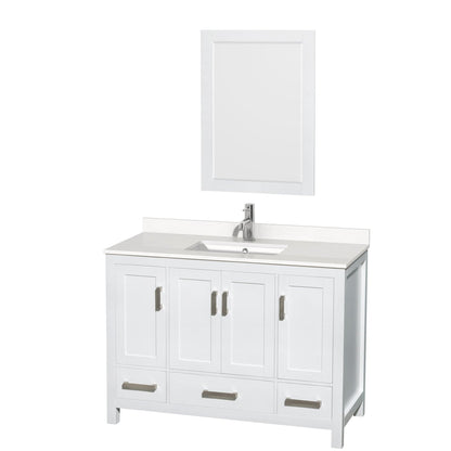 Wyndham Collection Sheffield 48" Single Bathroom Vanity in White, White Quartz Countertop, Undermount Square Sink, 24" Mirror