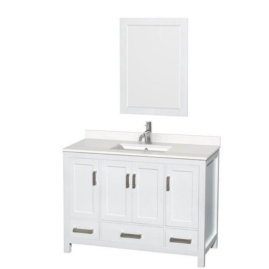 Wyndham Collection Sheffield 48" Single Bathroom Vanity in White, White Quartz Countertop, Undermount Square Sink, 24" Mirror