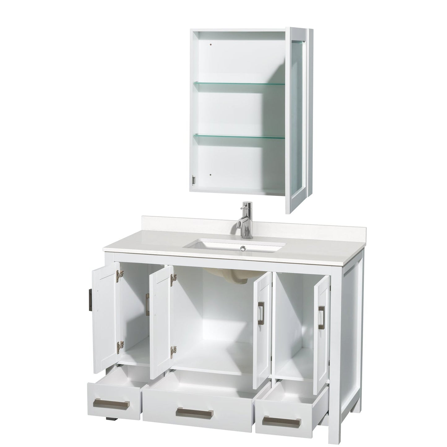 Wyndham Collection Sheffield 48" Single Bathroom Vanity in White, White Quartz Countertop, Undermount Square Sink, Medicine Cabinet