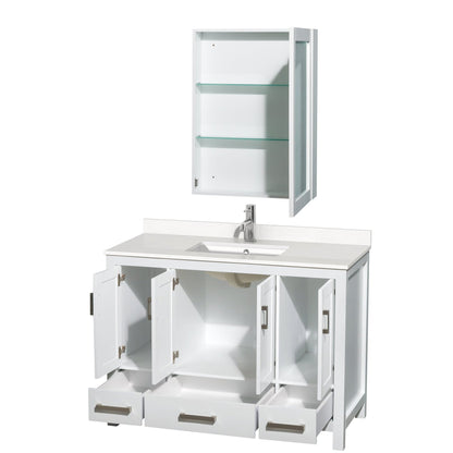 Wyndham Collection Sheffield 48" Single Bathroom Vanity in White, White Quartz Countertop, Undermount Square Sink, Medicine Cabinet
