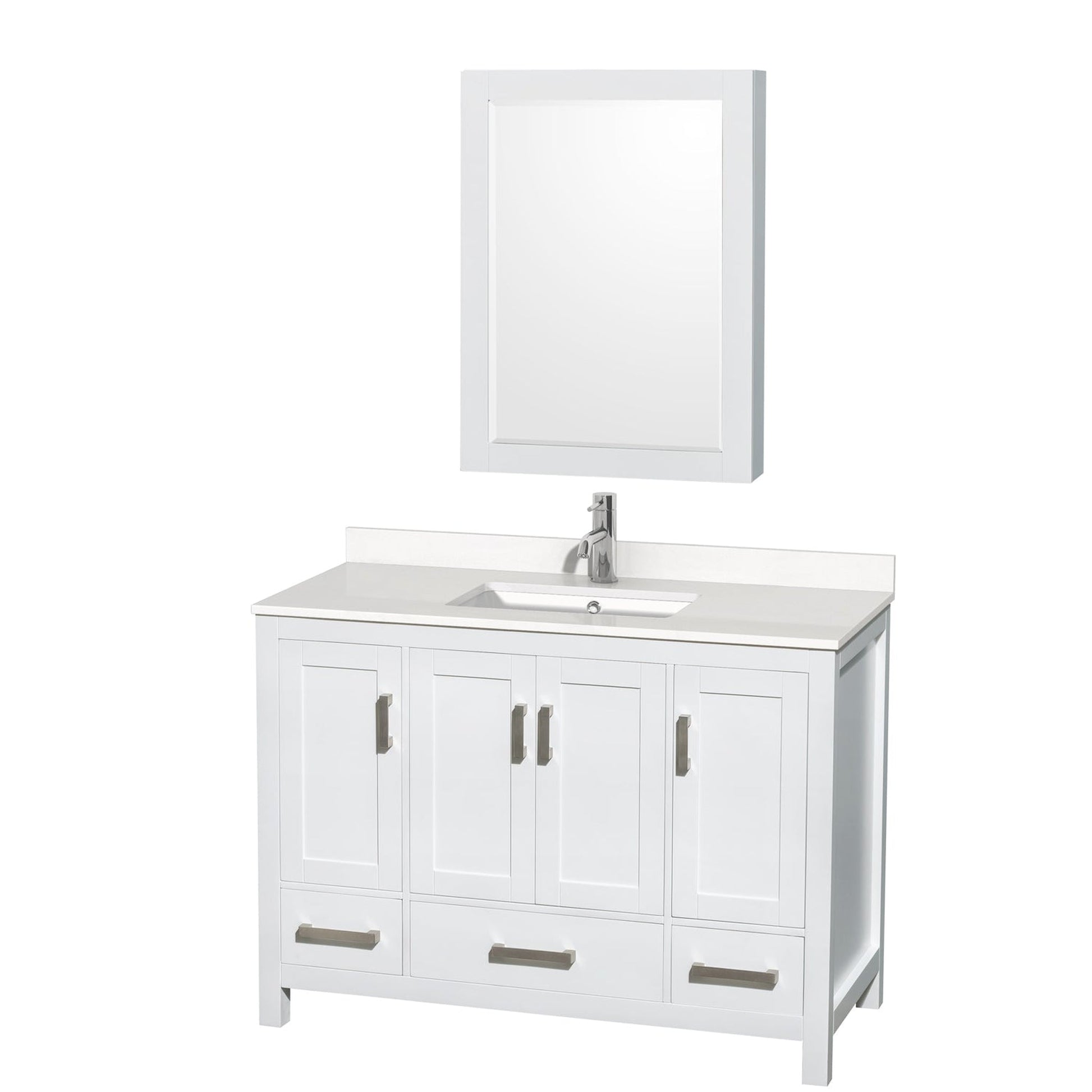 Wyndham Collection Sheffield 48" Single Bathroom Vanity in White, White Quartz Countertop, Undermount Square Sink, Medicine Cabinet