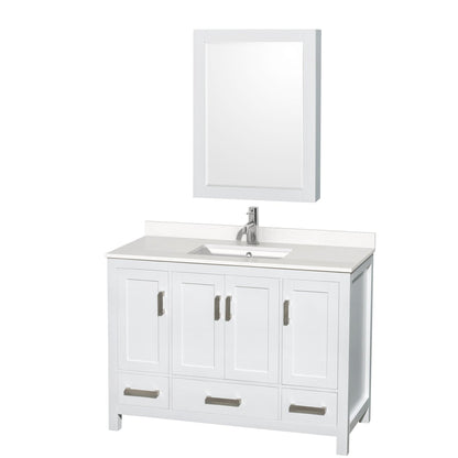 Wyndham Collection Sheffield 48" Single Bathroom Vanity in White, White Quartz Countertop, Undermount Square Sink, Medicine Cabinet