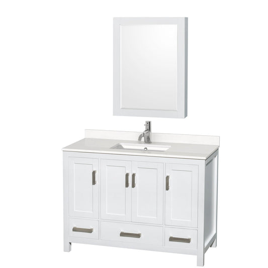 Wyndham Collection Sheffield 48" Single Bathroom Vanity in White, White Quartz Countertop, Undermount Square Sink, Medicine Cabinet