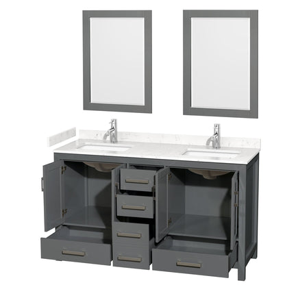 Wyndham Collection Sheffield 60" Double Bathroom Vanity in Dark Gray, Carrara Cultured Marble Countertop, Undermount Square Sinks, 24" Mirror