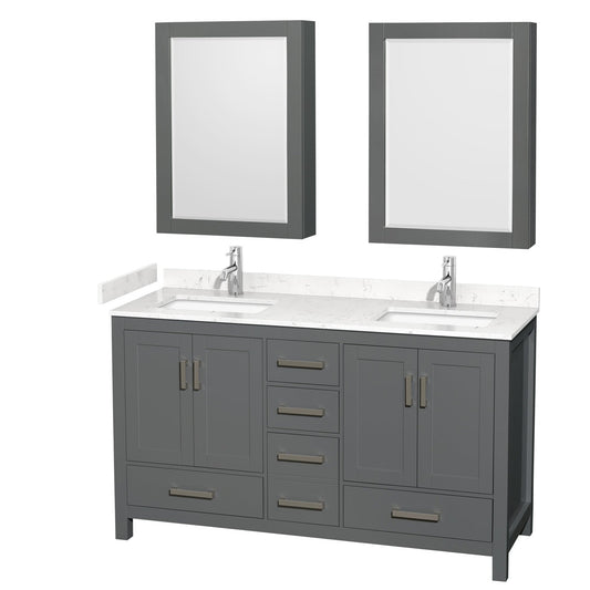 Wyndham Collection Sheffield 60" Double Bathroom Vanity in Dark Gray, Carrara Cultured Marble Countertop, Undermount Square Sinks, Medicine Cabinet