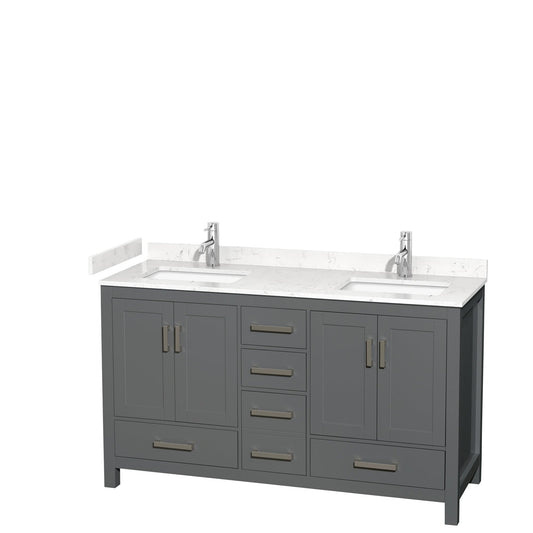 Wyndham Collection Sheffield 60" Double Bathroom Vanity in Dark Gray, Carrara Cultured Marble Countertop, Undermount Square Sinks, No Mirror