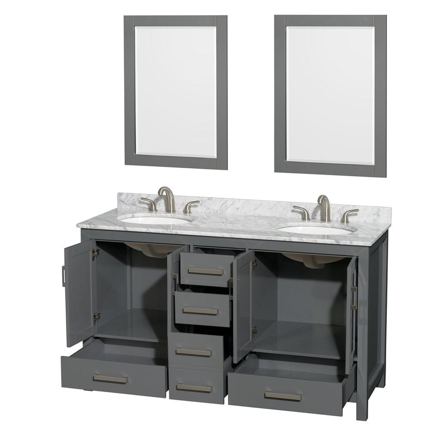 Wyndham Collection Sheffield 60" Double Bathroom Vanity in Dark Gray, White Carrara Marble Countertop, Undermount Oval Sinks, and 24" Mirror