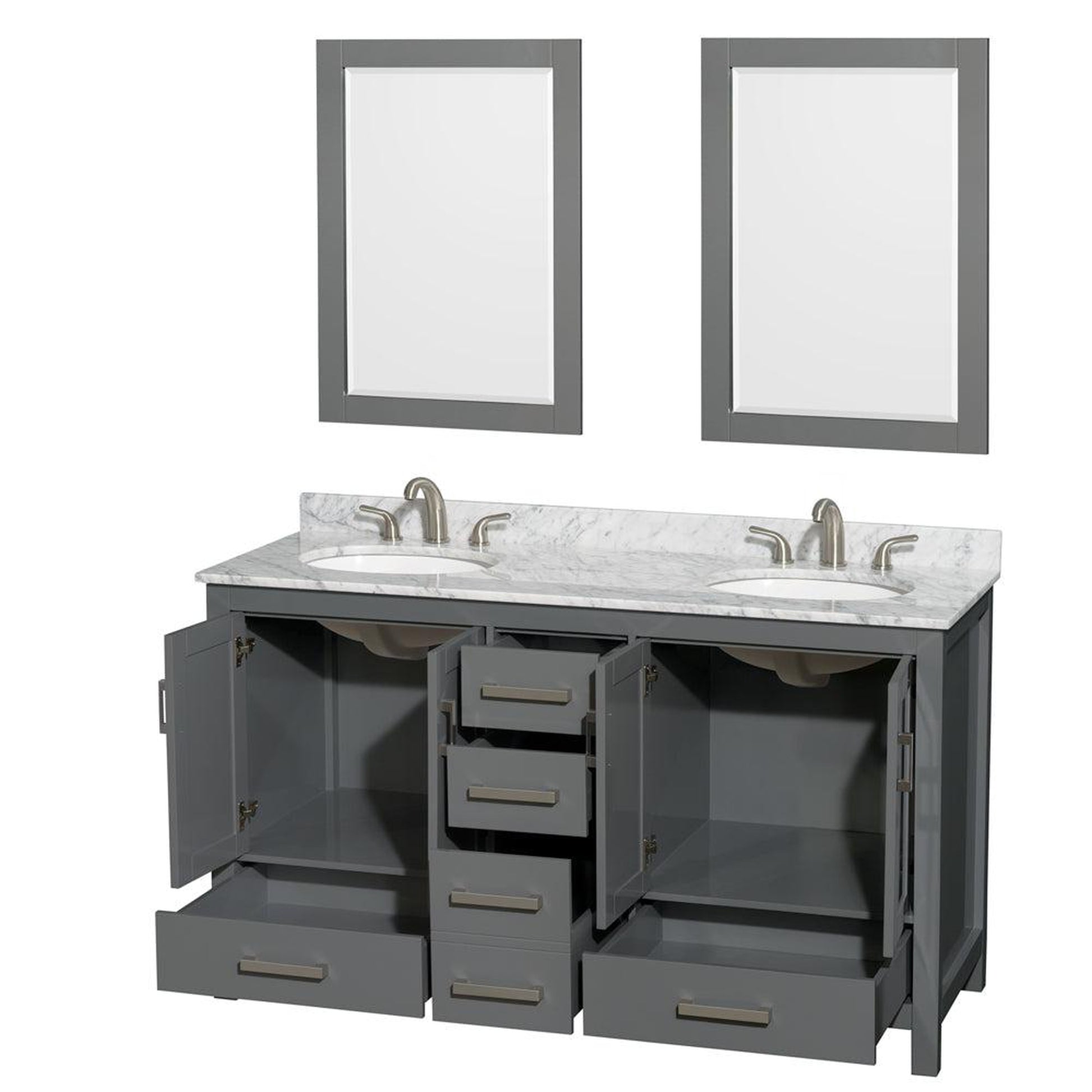 Wyndham Collection Sheffield 60" Double Bathroom Vanity in Dark Gray, White Carrara Marble Countertop, Undermount Oval Sinks, and 24" Mirror