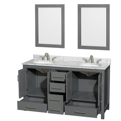 Wyndham Collection Sheffield 60" Double Bathroom Vanity in Dark Gray, White Carrara Marble Countertop, Undermount Oval Sinks, and 24" Mirror