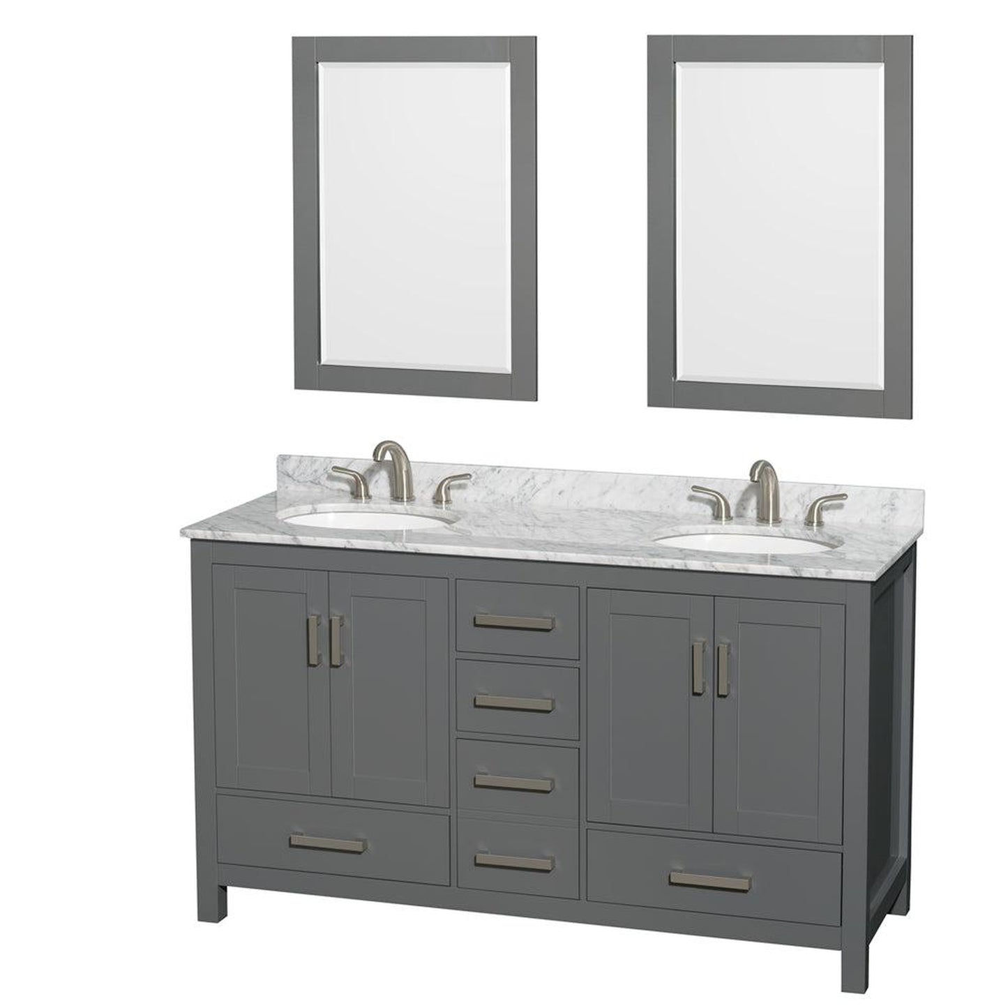 Wyndham Collection Sheffield 60" Double Bathroom Vanity in Dark Gray, White Carrara Marble Countertop, Undermount Oval Sinks, and 24" Mirror