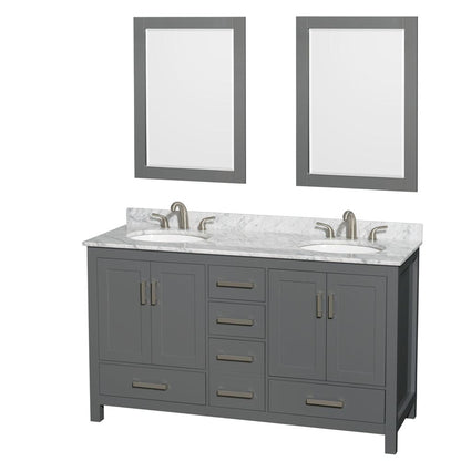 Wyndham Collection Sheffield 60" Double Bathroom Vanity in Dark Gray, White Carrara Marble Countertop, Undermount Oval Sinks, and 24" Mirror