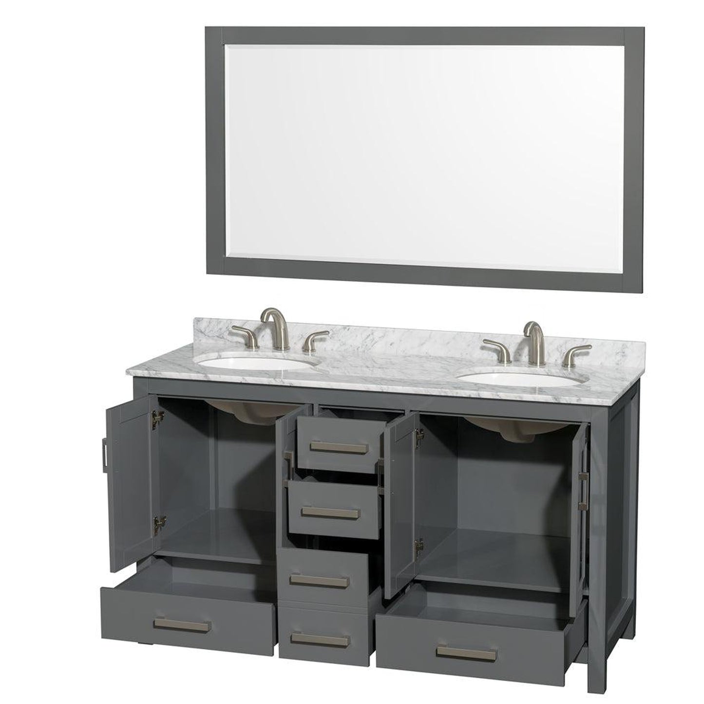 Wyndham Collection Sheffield 60" Double Bathroom Vanity in Dark Gray, White Carrara Marble Countertop, Undermount Oval Sinks, and 58" Mirror